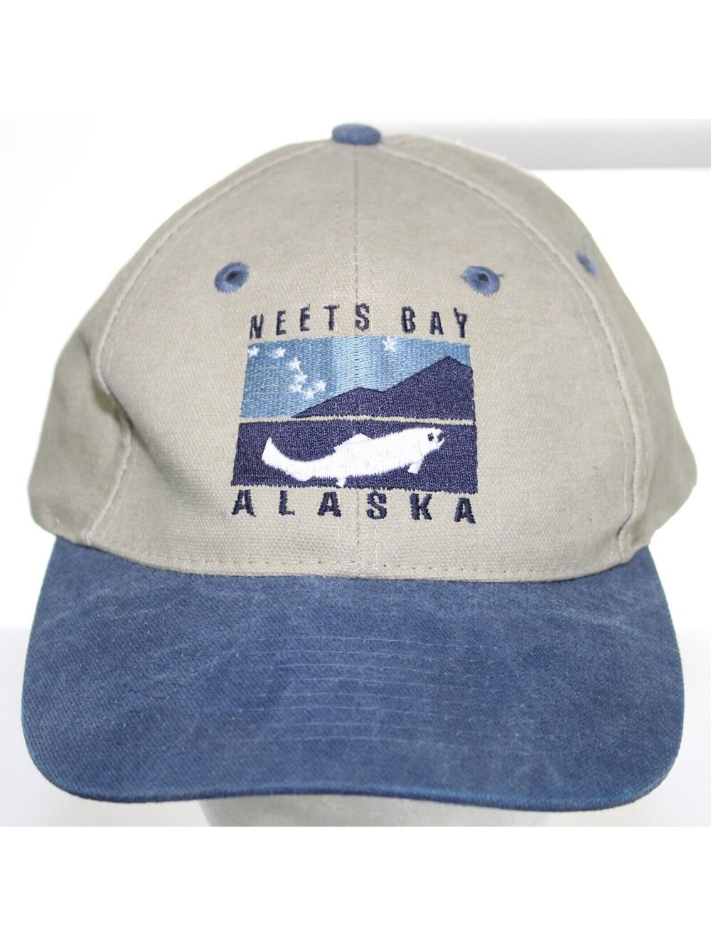 NWOT Neets Bay Alaska Baseball Hat Buckle Strapback Cap - Khaki & Blue
